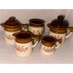 Vintage Ceramic Creamers (4) Brown Drip Style Wheat Pattern & Sugar Bowl (1)